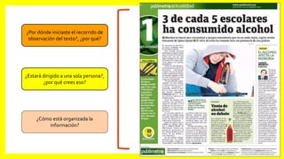 ¿Por dónde iniciaste el recorrido de
observación del texto?, ¿por qué?
¿Estará dirigido a una sola persona?,
¿por qué crees eso?
¿Cómo está organizada la
información?
 