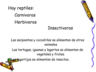 Hay reptiles:  Carnivoros Herbivoros  Insectivoros  Las serpientes y cocodrilos se alimentan de otros animales Las tortugas, iguanas y lagartos se alimentan de vegetales y frutas. Las lagartijas se alimentan de insectos. 