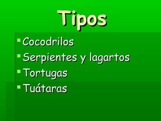 Tipos
 Cocodrilos
 Serpientes y lagartos
 Tortugas
 Tuátaras
 