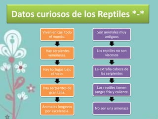 Datos curiosos de los Reptiles *-*
Viven en casi todo
el mundo.
Hay serpientes
venenosas.
Hay tortugas bajo
el hielo.
Hay serpientes de
gran talla.
Animales longevos
por excelencia.
Son animales muy
antiguos
Los reptiles no son
viscosos
La extraña cabeza de
las serpientes
Los reptiles tienen
sangre fria y caliente.
No son una amenaza
 