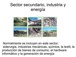 Sector secundario, industria y energía Normalmente se incluyen en este sector: siderurgia, industrias mecánicas, química, la textil, la producción de bienes de consumo, el hardware informático y la generación de energía 