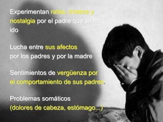 Experimentan rabia, tristeza y
nostalgia por el padre que se ha
ido

Lucha entre sus afectos
por los padres y por la madre

Sentimientos de vergüenza por
el comportamiento de sus padres.

Problemas somáticos
(dolores de cabeza, estómago...)
 