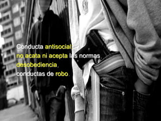 Conducta antisocial:
no acata ni acepta las normas,
desobediencia,
conductas de robo.
 