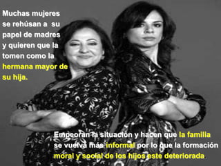 Muchas mujeres
se rehúsan a su
papel de madres
y quieren que la
tomen como la
hermana mayor de
su hija.




            Empeoran la situación y hacen que la familia
            se vuelva más informal por lo que la formación
            moral y social de los hijos este deteriorada.
 