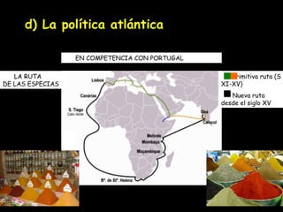 d) La política atlántica Primitiva ruta (S XI-XV) Nueva ruta  desde el siglo XV LA RUTA DE LAS ESPECIAS EN COMPETENCIA CON PORTUGAL 