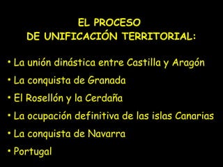 EL PROCESO  DE UNIFICACIÓN TERRITORIAL: La unión dinástica entre Castilla y Aragón La conquista de Granada El Rosellón y la Cerdaña La ocupación definitiva de las islas Canarias La conquista de Navarra Portugal 