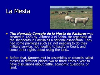 La Mesta The Honrado Concejo de la Mesta de Pastores  was created in 1273 by  Alfonso X el Sabio.  He organized all the shepherds in Castilla as a national association. They had some privileges such as: not needing to do their military service, not needing to testify in Court, and  some other rights about using the land.. Before that, farmers met in assemblies or councils called mestas in different places two or three times a year to have discussions about cattle, economic questions, or land. 