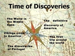 Time of Discoveries The World in the Middle Ages Vikings come to America The discoveries  of Portugal The  definitive discovery of America The first trip around the world 