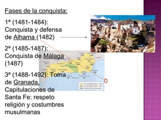 Fases de la conquista: 
1ª (1481-1484): 
Conquista y defensa 
de Alhama (1482) 
2ª (1485-1487): 
Conquista de Málaga 
(1487) 
3ª (1488-1492): Toma 
de Granada, 
Capitulaciones de 
Santa Fe: respeto 
religión y costumbres 
musulmanas 
 