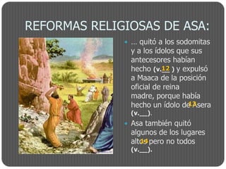 REFORMAS RELIGIOSAS DE ASA:
               … quitó a los sodomitas
               y a los ídolos que sus
               antecesores habían
               hecho (v.__ ) y expulsó
                         12
               a Maaca de la posición
               oficial de reina
               madre, porque había
                                 13
               hecho un ídolo de Asera
               (v.__).
               Asa también quitó
               algunos de los lugares
               altos pero no todos
                  14
               (v.__).
 