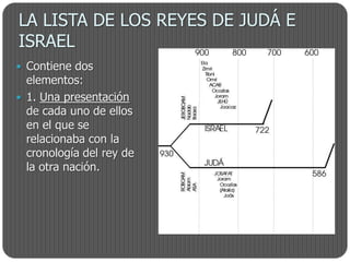 LA LISTA DE LOS REYES DE JUDÁ E
ISRAEL
 Contiene dos
  elementos:
 1. Una presentación
  de cada uno de ellos
  en el que se
  relacionaba con la
  cronología del rey de
  la otra nación.
 