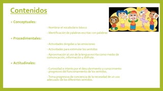 Contenidos
• Conceptuales:
- Nombrar el vocabulario básico
- Identificación de palabras escritas con palabras
• Procedimentales:
- Actividades dirigidas a las emociones
- Actividades para estimular los sentidos
- Aproximación al uso de la lengua escrita como medio de
comunicación, información y disfrute.
• Actitudinales:
- Curiosidad e interés por el descubrimiento y conocimiento
- progresivo del funcionamiento de los sentidos.
-Toma progresiva de conciencia de la necesidad de un uso
adecuado de los diferentes sentidos.
 