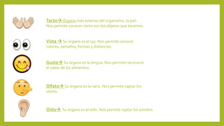 Oído Su órgano es el oído. Nos permite captar los sonidos.
TactoÓrgano más extenso del organismo, la piel.
Nos permite conocer cómo son los objetos que tocamos.
Vista  Su órgano es el ojo. Nos permite conocer
colores, tamaños, formas y distancias.
Gusto Su órgano es la lengua. Nos permite reconocer
el sabor de los alimentos.
Olfato Su órgano es la nariz. Nos permite captar los
olores.
 