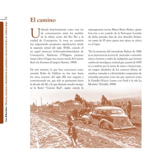 14
                                                                                                    El camino
Los Ribereños / Historia, memoria e identidad de los pobladores del barrio Pedro de Valdivia Bajo




                                                                                                    U
                                                                                                               tilizada históricamente como una vía    septuagenaria vecina María Berta Núñez, quien
                                                                                                               de comunicación entre los pueblos       hoy vive a un costado de la Parroquia Lourdes
                                                                                                               de la ribera norte del Bío Bío y la     de dicha avenida, hija de don Arnoldo Núñez,
                                                                                                    ciudad de Concepción, la zona en cuestión          un sastre de 95 años quien aún ejerce su oficio
                                                                                                    fue adquiriendo progresiva significación desde     en el lugar.
                                                                                                    la segunda mitad del siglo XVIII, cuando el
                                                                                                    en aquel entonces Gobernador-Intendente de         “En la memoria del intendente Bulnes de 1846
                                                                                                    Concepción, Ambrosio O’Higgins, propuso            ya se menciona la acción de mercedar o arrendar
                                                                                                    trazar sobre el lugar una nueva senda del Camino   sitios y huertos a miles de indigentes que forman
                                                                                                    Real a la Frontera (Campos Harriet, 1989).         «nubes de mendigos», actitud que a partir de 1850
                                                                                                                                                       va a cambiar por la venta de sitios o licitaciones,
                                                                                                    De esta manera, lo que hoy conocemos como          así surgen alrededor de los caminos hileras de
                                                                                                    avenida Pedro de Valdivia no fue sino hasta        ranchos, ramadas y colectividades campesinas de
                                                                                                    los años noventa del siglo XX una angosta y        viviendas precarias como las que aparecen entre
                                                                                                    contorsionada vía, que sólo se pavimentó hacia     la Puntilla (Víctor Lamas con Prat) y la isla La
                                                                                                    la década del 40, a la que durante mucho tiempo    Mochita” (Vivaldi: 1989).
                                                                                                    se le llamó “Camino Real”, según cuenta la
 