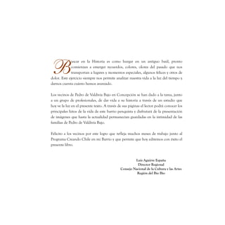 B
             uscar en la Historia es como hurgar en un antiguo baúl, pronto
             comienzan a emerger recuerdos, colores, olores del pasado que nos
             transportan a lugares y momentos especiales, algunos felices y otros de
dolor. Este ejercicio siempre nos permite analizar nuestra vida a la luz del tiempo y
darnos cuenta cuánto hemos avanzado.

Los vecinos de Pedro de Valdivia Bajo en Concepción se han dado a la tarea, junto
a un grupo de profesionales, de dar vida a su historia a través de un estudio que
hoy ve la luz en el presente texto. A través de sus páginas el lector podrá conocer los
principales hitos de la vida de este barrio penquista y disfrutará de la presentación
de imágenes que hasta la actualidad permanecían guardadas en la intimidad de las
familias de Pedro de Valdivia Bajo.

Felicito a los vecinos por este logro que refleja muchos meses de trabajo junto al
Programa Creando Chile en mi Barrio y que permite que hoy editemos con éxito el
presente libro.


                                                       Luis Aguirre España
                                                         Director Regional
                                              Consejo Nacional de la Cultura y las Artes
                                                        Región del Bío Bío
 
