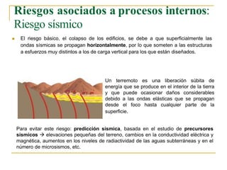 Riesgos asociados a procesos internos:
Riesgo sísmico
 El riesgo básico, el colapso de los edificios, se debe a que superficialmente las
ondas sísmicas se propagan horizontalmente, por lo que someten a las estructuras
a esfuerzos muy distintos a los de carga vertical para los que están diseñados.
Un terremoto es una liberación súbita de
energía que se produce en el interior de la tierra
y que puede ocasionar daños considerables
debido a las ondas elásticas que se propagan
desde el foco hasta cualquier parte de la
superficie.
Para evitar este riesgo: predicción sísmica, basada en el estudio de precursores
sísmicos  elevaciones pequeñas del terreno, cambios en la conductividad eléctrica y
magnética, aumentos en los niveles de radiactividad de las aguas subterráneas y en el
número de microsismos, etc.
 