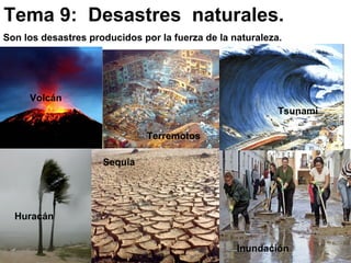 Tema 9: Desastres naturales.
Son los desastres producidos por la fuerza de la naturaleza.




     Volcán
                                                           Tsunami

                              Terremotos

                     Sequía




  Huracán


                                                  Inundación
 