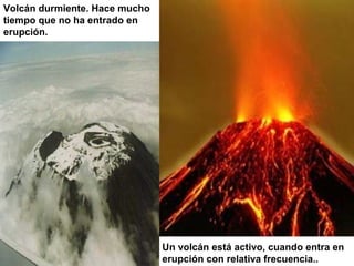 Volcán durmiente. Hace mucho
tiempo que no ha entrado en
erupción.




                               Un volcán está activo, cuando entra en
                               erupción con relativa frecuencia..
 