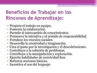 Beneficios de Trabajar en los
Rincones de Aprendizaje:
• Propicia el trabajo en equipo.
• Fomenta la colaboración.
• Permite el intercambio de conocimientos.
• Promueve la iniciativa y el sentido de responsabilidad.
• Fortalece los vínculos sociales.
• Desarrolla la creatividad e imaginación.
• Crea el gusto por la investigación y el descubrimiento.
• Contribuye a la solución de problemas,
• Contribuye a la manipulación y exploración.
• Ejercita habilidades de motricidad fina.
• Refuerza nociones básicas.
• Incentiva el uso del lenguaje.
 