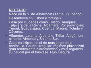 RÍO TAJO :   Nace en la S. de Albarracín (Teruel, S. Ibérico).  Desemboca en Lisboa (Portugal). Pasa por ciudades como Toledo, Aranjuez, Talavera de la Reina, Alcántara.  Por provincias: Teruel, Guadalajara, Cuenca, Madrid, Toledo y Cáceres. Afluentes: Jarama, Alberche, Tiétar, Alagón por el norte; Almonte y Salor al Sur. Características: es el río más largo de la península. Caudal irregular, régimen pluvionival, gran rendimiento hidroeléctrico y muy regulado su caudal por el trasvase Tajo- Segura. 