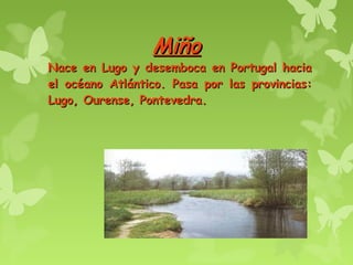 MiñoMiño
Nace en Lugo y desemboca en Portugal haciaNace en Lugo y desemboca en Portugal hacia
el océano Atlántico. Pasa por las provincias:el océano Atlántico. Pasa por las provincias:
Lugo, Ourense, Pontevedra.Lugo, Ourense, Pontevedra.
 