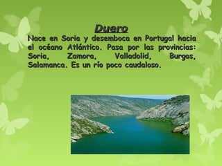 DueroDuero
Nace en Soria y desemboca en Portugal haciaNace en Soria y desemboca en Portugal hacia
el océano Atlántico. Pasa por las provincias:el océano Atlántico. Pasa por las provincias:
Soria, Zamora, Valladolid, Burgos,Soria, Zamora, Valladolid, Burgos,
Salamanca. Es un río poco caudaloso.Salamanca. Es un río poco caudaloso.
 