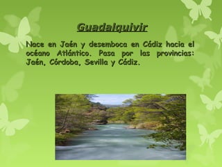 GuadalquivirGuadalquivir
Nace en Jaén y desemboca en Cádiz hacia elNace en Jaén y desemboca en Cádiz hacia el
océano Atlántico. Pasa por las provincias:océano Atlántico. Pasa por las provincias:
Jaén, Córdoba, Sevilla y Cádiz.Jaén, Córdoba, Sevilla y Cádiz.
 