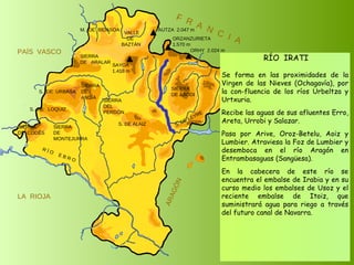 RÍO  IRATI Se forma en las proximidades de la Virgen de las Nieves (Ochagavía), por la con-fluencia de los ríos Urbeltza y Urtxuria. Recibe las aguas de sus afluentes Erro, Areta, Urrobi y Salazar. Pasa por Arive, Oroz-Betelu, Aoiz y Lumbier. Atraviesa la Foz de Lumbier y desemboca en el río Aragón en Entrambasaguas (Sangüesa). En la cabecera de este río se encuentra el embalse de Irabia y en su curso medio los embalses de Usoz y el reciente embalse de Itoiz, que suministrará agua para riego a través del futuro canal de Navarra. SIERRA  DE  CODÉS SIERRA  DE  MONTEJURRA SIERRA  DE  ARALAR M.  DE  BIDASOA VALLE DE BAZTÁN SIERRA DEL PERDÓN S. DE ALAIZ S. DE LEYRE SIERRA DE ABODI LA  RIOJA F  R  A  N  C  I  A ARAGÓN PAÍS  VASCO S.  DE  URBASA SIERRA  DE  ANDÍA S.  DE  LOQUIZ R Í O  E B R O SAYOA 1.418 m AUTZA  2.047 m ORZANZURIETA 1.570 m ORHY  2.024 m 
