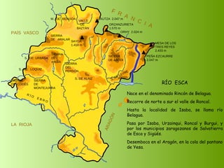 RÍO  ESCA Nace en el denominado Rincón de Belagua. Recorre de norte a sur el valle de Roncal. Hasta la localidad de Isaba, se llama río Belagua.  Pasa por Isaba, Urzainqui, Roncal y Burgui, y por los municipios zaragozanos de Salvatierra de Esca y Sigüés.  Desemboca en el Aragón, en la cola del pantano de Yesa.  SIERRA  DE  CODÉS SIERRA  DE  MONTEJURRA SIERRA  DE  ARALAR M.  DE  BIDASOA VALLE DE BAZTÁN SIERRA DEL PERDÓN S. DE ALAIZ S. DE LEYRE SIERRA DE ABODI LA  RIOJA F  R  A  N  C  I  A ARAGÓN PAÍS  VASCO S.  DE  URBASA SIERRA  DE  ANDÍA S.  DE  LOQUIZ R Í O  E B R O SAYOA 1.418 m AUTZA  2.047 m ORZANZURIETA 1.570 m ORHY  2.024 m MESA DE LOS TRES REYES 2.433 m PEÑA EZCAURRE 2.047 m 