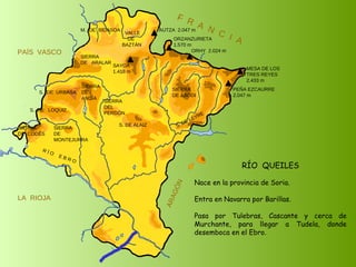RÍO  QUEILES Nace en la provincia de Soria. Entra en Navarra por Barillas.  Pasa por Tulebras, Cascante y cerca de Murchante, para llegar a Tudela, donde desemboca en el Ebro.  SIERRA  DE  CODÉS SIERRA  DE  MONTEJURRA SIERRA  DE  ARALAR M.  DE  BIDASOA VALLE DE BAZTÁN SIERRA DEL PERDÓN S. DE ALAIZ S. DE LEYRE SIERRA DE ABODI LA  RIOJA F  R  A  N  C  I  A ARAGÓN PAÍS  VASCO S.  DE  URBASA SIERRA  DE  ANDÍA S.  DE  LOQUIZ R Í O  E B R O SAYOA 1.418 m AUTZA  2.047 m ORZANZURIETA 1.570 m ORHY  2.024 m MESA DE LOS TRES REYES 2.433 m PEÑA EZCAURRE 2.047 m 