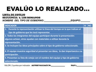 EVALÚO LO REALIZADO…
LISTA DE COTEJO
SECUENCIA 6. LOS ROMANOS
NOMBRE DEL TIPO DE GOBIERNO:____________________EQUIPO:_______

 INDICADOR                                                                        SI NO
 1. Durante la representación utilizan la línea del tiempo en la que indican el
     tipo de gobierno que les tocó representar.
 2. Todos los integrantes del equipo participan durante la presentación:
 algunos actúan, otros ayudan con materiales a utilizar durante la
 representación.
 3. Se Incluyen las ideas principales sobre el tipo de gobierno seleccionado.

 4. El equipo muestra seguridad al presentar sus ideas, le dan importancia a su
 participación.
 5. Presentan su lista de cotejo con el nombre del equipo y tipo de gobierno
 seleccionado.
 VALOR: 2 puntos por indicador. AUTOEVALUACIÓN:_______________      PAPÁ:_________________
 