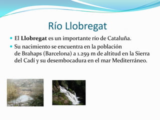 Río Llobregat
 El Llobregat es un importante río de Cataluña.
 Su nacimiento se encuentra en la población
 de Brahaps (Barcelona) a 1.259 m de altitud en la Sierra
 del Cadí y su desembocadura en el mar Mediterráneo.
 