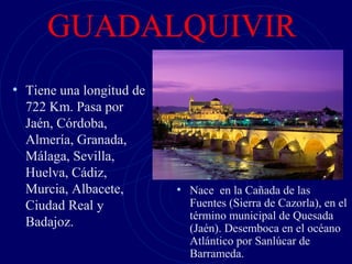 GUADALQUIVIR
• Tiene una longitud de
  722 Km. Pasa por
  Jaén, Córdoba,
  Almería, Granada,
  Málaga, Sevilla,
  Huelva, Cádiz,
  Murcia, Albacete,       • Nace en la Cañada de las
  Ciudad Real y             Fuentes (Sierra de Cazorla), en el
                            término municipal de Quesada
  Badajoz.                  (Jaén). Desemboca en el océano
                            Atlántico por Sanlúcar de
                            Barrameda.
 