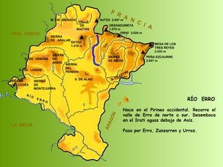 RÍO  ERRO Nace en el Pirineo occidental. Recorre el valle de Erro de norte a sur. Desemboca en el Irati aguas debajo de Aoiz. Pasa por Erro, Zunzarren y Urroz. SIERRA  DE  CODÉS SIERRA  DE  MONTEJURRA SIERRA  DE  ARALAR M.  DE  BIDASOA VALLE DE BAZTÁN SIERRA DEL PERDÓN S. DE ALAIZ S. DE LEYRE SIERRA DE ABODI LA  RIOJA F  R  A  N  C  I  A ARAGÓN PAÍS  VASCO S.  DE  URBASA SIERRA  DE  ANDÍA S.  DE  LOQUIZ R Í O  E B R O SAYOA 1.418 m AUTZA  2.047 m ORZANZURIETA 1.570 m ORHY  2.024 m MESA DE LOS TRES REYES 2.433 m PEÑA EZCAURRE 2.047 m 