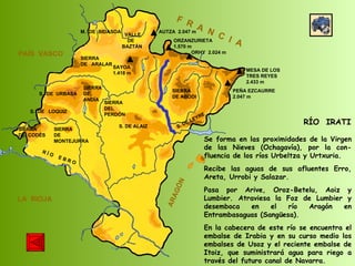 SIERRA  DE  CODÉS SIERRA  DE  MONTEJURRA SIERRA  DE  ARALAR M.  DE  BIDASOA VALLE DE BAZTÁN SIERRA DEL PERDÓN S. DE ALAIZ S. DE LEYRE SIERRA DE ABODI LA  RIOJA F  R  A  N  C  I  A ARAGÓN PAÍS  VASCO S.  DE  URBASA SIERRA  DE  ANDÍA S.  DE  LOQUIZ R Í O  E B R O SAYOA 1.418 m AUTZA  2.047 m ORZANZURIETA 1.570 m ORHY  2.024 m MESA DE LOS TRES REYES 2.433 m PEÑA EZCAURRE 2.047 m RÍO  IRATI Se forma en las proximidades de la Virgen de las Nieves (Ochagavía), por la con-fluencia de los ríos Urbeltza y Urtxuria. Recibe las aguas de sus afluentes Erro, Areta, Urrobi y Salazar. Pasa por Arive, Oroz-Betelu, Aoiz y Lumbier. Atraviesa la Foz de Lumbier y desemboca en el río Aragón en Entrambasaguas (Sangüesa). En la cabecera de este río se encuentra el embalse de Irabia y en su curso medio los embalses de Usoz y el reciente embalse de Itoiz, que suministrará agua para riego a través del futuro canal de Navarra. 