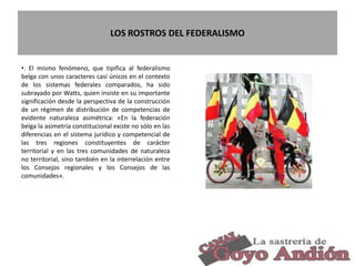 LOS ROSTROS DEL FEDERALISMO
•. El mismo fenómeno, que tipifica al federalismo
belga con unos caracteres casi únicos en el contexto
de los sistemas federales comparados, ha sido
subrayado por Watts, quien insiste en su importante
significación desde la perspectiva de la construcción
de un régimen de distribución de competencias de
evidente naturaleza asimétrica: «En la federación
belga la asimetría constitucional existe no sólo en las
diferencias en el sistema jurídico y competencial de
las tres regiones constituyentes de carácter
territorial y en las tres comunidades de naturaleza
no territorial, sino también en la interrelación entre
los Consejos regionales y los Consejos de las
comunidades».
16
 