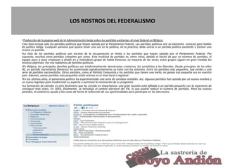 LOS ROSTROS DEL FEDERALISMO
•Traducción de la pagina web de la Administración belga sobre los partidos existentes al nivel federal en Bélgica:
Esta lista incluye sólo los partidos políticos que hayan optado por el Parlamento Federal. Los partidos políticos son un elemento esencial para hablar
de política belga. Cualquier persona que quiera tener una voz en la política, en la práctica, debe unirse a un partido político existente o formar uno
mismo un partido.
•La lista de los partidos políticos por encima de la recuperación se limita a los partidos que hayan optado por el Parlamento Federal. Por
supuesto, muchos otros partidos compiten por votos. Esta multitud de partidos es, entre otros, debido al hecho de que un número de partidos, el
equipo poco a poco empiezan a dividir en y holandeses-grupo de habla francesa. La mayoría de las veces, estos grupos siguen en gran medida los
mismos objetivos. Por eso hablamos de familias políticas.
•En Bélgica, las principales familias políticas son tradicionalmente demócratas cristianos, los socialistas y los liberales. Desde principios de los años
90, un partido nacionalista flamenco ha aumentado significativamente su éxito con los votantes. Entre los partidos más pequeños, hay verdes y una
serie de partidos nacionalistas. Otros partidos, como el Partido Comunista y los partidos que tienen una meta, no ganan esa pequeña voz en nuestro
país. Además, varios partidos más pequeños están activos en el nivel local o regional.
•En los últimos años, el panorama político ha experimentado una serie de cambios notables. Así, algunos partidos han optado por un nuevo nombre y
un nuevo logotipo para modernizar su aspecto o acentuar la renovación de su programa.
•La formación de cárteles es otro fenómeno que ha crecido en importancia: una gran reunión está afiliada a un partido pequeño con la esperanza de
conseguir más votos. En 2003, finalmente, se introdujo el umbral electoral del 5%, lo que podría reducir el número de partidos. Para los nuevos
partidos, el umbral no ayuda a las cosas de hecho la reducción de sus oportunidades para participar en las elecciones.
30
 