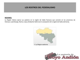 LOS ROSTROS DEL FEDERALISMO
REGIONES:
La Región Valona ejerza sus poderes en la región de habla francesa que consiste en las provincias de
Hainaut, Luxemburgo, Namur, Lieja y Brabante Valón (con la excepción de la región de habla alemana).
7
 