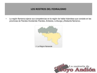 LOS ROSTROS DEL FEDRALISMO
• La región flamenca ejerce sus competencias en la región de habla holandesa que consiste en las
provincias de Flandes Occidental, Flandes, Amberes, Limburgo y Brabante flamenco.
9
 