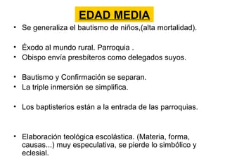 EDAD MEDIA
• Se generaliza el bautismo de niños,(alta mortalidad).

• Éxodo al mundo rural. Parroquia .
• Obispo envía presbíteros como delegados suyos.

• Bautismo y Confirmación se separan.
• La triple inmersión se simplifica.

• Los baptisterios están a la entrada de las parroquias.


• Elaboración teológica escolástica. (Materia, forma,
  causas...) muy especulativa, se pierde lo simbólico y
  eclesial.
 