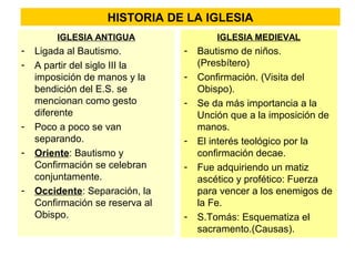 HISTORIA DE LA IGLESIA
         IGLESIA ANTIGUA                 IGLESIA MEDIEVAL
-   Ligada al Bautismo.          -   Bautismo de niños.
-   A partir del siglo III la        (Presbítero)
    imposición de manos y la     -   Confirmación. (Visita del
    bendición del E.S. se            Obispo).
    mencionan como gesto         -   Se da más importancia a la
    diferente                        Unción que a la imposición de
-   Poco a poco se van               manos.
    separando.                   -   El interés teológico por la
-   Oriente: Bautismo y              confirmación decae.
    Confirmación se celebran     -   Fue adquiriendo un matiz
    conjuntamente.                   ascético y profético: Fuerza
-   Occidente: Separación, la        para vencer a los enemigos de
    Confirmación se reserva al       la Fe.
    Obispo.                      -   S.Tomás: Esquematiza el
                                     sacramento.(Causas).
 