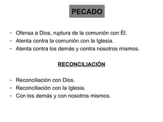 PECADO

- Ofensa a Dios, ruptura de la comunión con Él.
- Atenta contra la comunión con la Iglesia.
- Atenta contra los demás y contra nosotros mismos.

                  RECONCILIACIÓN

- Reconciliación con Dios.
- Reconciliación con la Iglesia.
- Con los demás y con nosotros mismos.
 