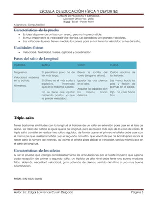ESCUELA DE EDUCACIÓN FÍSICA Y DEPORTES 
MANUAL DE PRÁCTICAS Y EJERCICIOS. 
Microsoft Office Ver. 2010 
Word – Excel – Power Point 
Asignatura.- Computación I 
Características de la prueba 
 Es ideal disponer de un foso con arena, pero no imprescindible. 
 Es muy importante la velocidad y la técnica. Los saltadores son grandes velocistas. 
 Los saltadores buenos tienen medida la carrera para evitar frenar la velocidad antes del salto. 
Cualidades físicas 
 Velocidad, flexibilidad, fuerza, agilidad y coordinación 
Fases del salto de Longitud 
CARRERA BATIDA VUELO CAÍDA 
Progresiva. 
Velocidad máxima 
en la batida. 
40 metros. 
El penúltimo paso ha de 
ser más largo. 
El último es el más corto y 
explosivo, intentado 
ajustar lo máximo posible. 
No se tiene que ajustar 
haciendo pasitos, ya que 
se pierde velocidad. 
Elevar la rodilla del 
vuelo (se gana altura). 
Igualar las dos piernas 
en el aire. 
Arquear la espalda con 
los brazos hacia 
delante. 
Caída encima de 
los talones. 
Las manos hacia los 
pies y flexión de 
piernas en la caída. 
Ojo, no caer hacia 
tras. 
Triple salto 
Tienes bastantes similitudes con la longitud al tratarse de un salto en extensión para caer en el foso de 
arena. La tabla de batida es igual que la de longitud, pero se coloca más lejos de la zona de caída. El 
triple salto consiste en realizar tres saltos seguidos, de forma que en el primero el atleta debe caer con 
el mismo pie que realizo la batida, y en el segundo con otro, que servirá de pie de batida para iniciar el 
tercer salto El número de intentos, así como el criterio para decidir el vencedor, son los mismos que en 
el salto de longitud. 
Características de los atletas 
Al ser la prueba que castiga considerablemente las articulaciones por el fuerte impacto que supone 
cada recepción del primer y segundo salto, un triplista de alto nivel debe tener una buena madurez 
física. Además, necesitará velocidad, gran potencia de piernas, sentido del ritmo y una muy buena 
coordinación. 
RUELAS DIAZ JESUS DANIEL 
Autor: Lic. Edgar Lawrence Cussin Delgado Página 6 
