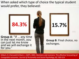 When asked which type of choice the typical student would prefer, they believed:84.3%15.7%Group A: “if … any time in the next month, you can just let me know and we will exchange it for you.”Group B: Final choice, no exchanges.Gilbert, D. (Harvard) & Ebert, J. (MIT), 2002, Decisions and revisions: The affective forecasting of changeable outcomes. Journal of Personality and Social Psychology, 82, 503-514
