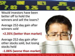 Would investors have been better off to hold the winners and sell the losers?Average 252-day gain after winners soldAverage 252-day gain after other stocks sold, but losing stocks held+2.35% (better than market)-1.06% (worse than market)Odean, T. (UC-Davis), 1998, Are investors reluctant to realize their losses? Journal of Finance, 53, 1775-1798.