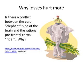 Why losses hurt moreIs there a conflict between the core “elephant” side of the brain and the rational pre-frontal cortex “rider”.  Why?http://www.youtube.com/watch?v=GGQLO_iXKlU  3:06-end