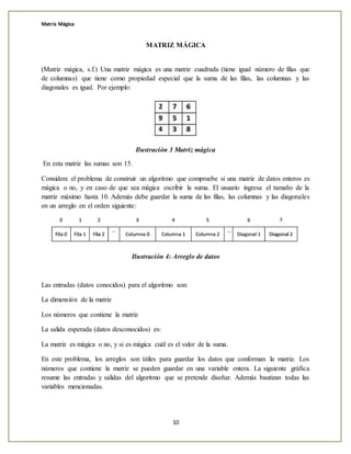 Matriz Mágica
10
MATRIZ MÁGICA
(Matriz mágica, s.f.) Una matriz mágica es una matriz cuadrada (tiene igual número de filas que
de columnas) que tiene como propiedad especial que la suma de las filas, las columnas y las
diagonales es igual. Por ejemplo:
Ilustración 3 Matriz mágica
En esta matriz las sumas son 15.
Considere el problema de construir un algoritmo que compruebe si una matriz de datos enteros es
mágica o no, y en caso de que sea mágica escribir la suma. El usuario ingresa el tamaño de la
matriz máximo hasta 10. Además debe guardar la suma de las filas, las columnas y las diagonales
en un arreglo en el orden siguiente:
Ilustración 4: Arreglo de datos
Las entradas (datos conocidos) para el algoritmo son:
La dimensión de la matriz
Los números que contiene la matriz
La salida esperada (datos desconocidos) es:
La matriz es mágica o no, y si es mágica cuál es el valor de la suma.
En este problema, los arreglos son útiles para guardar los datos que conforman la matriz. Los
números que contiene la matriz se pueden guardar en una variable entera. La siguiente gráfica
resume las entradas y salidas del algoritmo que se pretende diseñar. Además bautizan todas las
variables mencionadas.
 