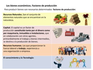 Los bienes económicos. Factores de producción
Para producir bienes son necesarios determinados factores de producción:
Recursos Naturales. Son el conjunto de
elementos naturales que se encuentran en la
naturaleza.
Capital. El capital es un factor de
producción constituido tanto por el dinero como
por maquinaria, inmuebles o instalaciones, que
en colaboración con otros agentes,
primordialmente el trabajo y bienes intermedios,
se destina a la producción de bienes.
Recursos humanos. Los que proporcionan la
fuerza laboral o trabajo, experiencia a
una organización o empresa.
El conocimiento y la Tecnología:
 