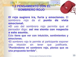 El rojo sugiere ira, furia y emociones.  El sombrero rojo da el  punto de vista emocional.   El uso del sombrero rojo permite que el pensador diga:  así me siento con respecto a este asunto. Este  tiene que ver con intuición, sentimientos y emociones.    El sombrero rojo le permite al participante exponer una intuición sin tener que justificarla.   "Poniéndome mi sombrero rojo, pienso que es una propuesta terrible".   1.2  PENSAMIENTO CON EL SOMBRERO ROJO 