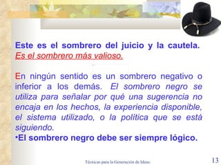Este es el sombrero del juicio y la cautela .    Es el sombrero más valioso.   E n ningún sentido es un sombrero negativo o inferior a los demás.   El sombrero negro se utiliza para señalar por qué una sugerencia no encaja en los hechos, la experiencia disponible, el sistema utilizado, o la política que se está siguiendo.    El sombrero negro debe ser siempre lógico.                                  